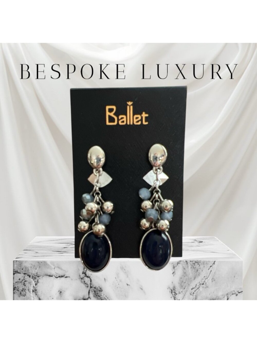 Ballet 2 1/4" Silver Tone/Light Blue/Navy Clip-On Dangle Earrings-NWOT